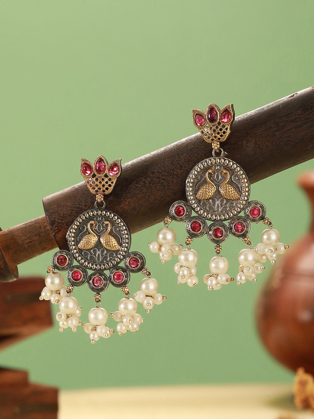 Oxidised Dual Toned Red Stone Pearl Beaded Handcrafted  Peacock Filigree Chandbali Earrings