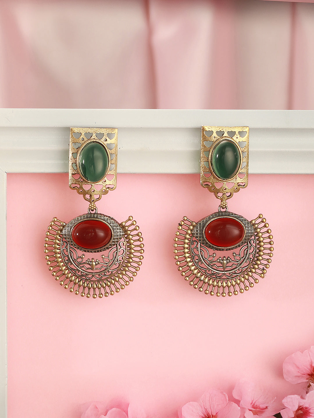 Antique Gold-Toned Dual Red & Green Stone  Engraved  Handcrafted Dangler  Earrings