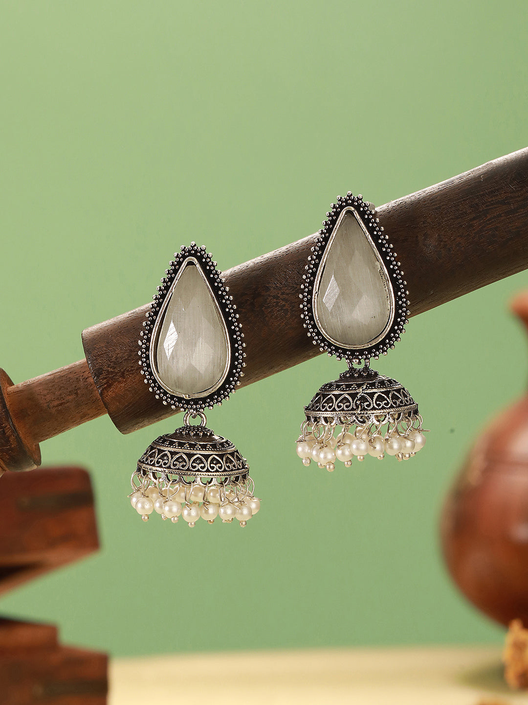 Oxidised Silver-Toned White  Stone & Pearl Beaded  Teardrop Stone Handcrafted Jhumka Earrings