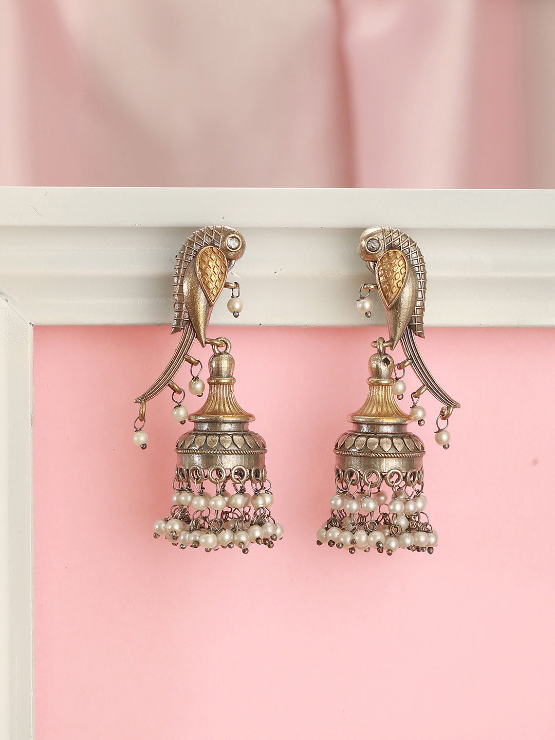 Antique Gold-Toned Parrot Motif Pearl Beaded Handcrafted  Jhumka Earrings