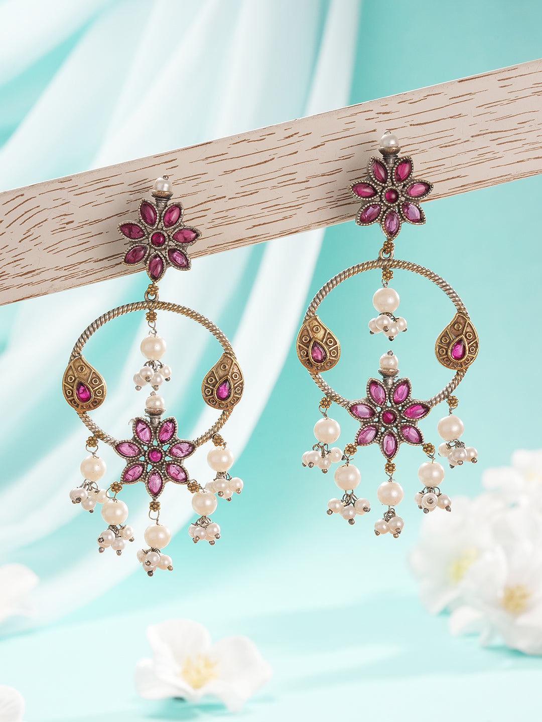 Antique Gold-Toned Pink Stones With Pearl Drop  Floral Hoop Contemporary  Earrings