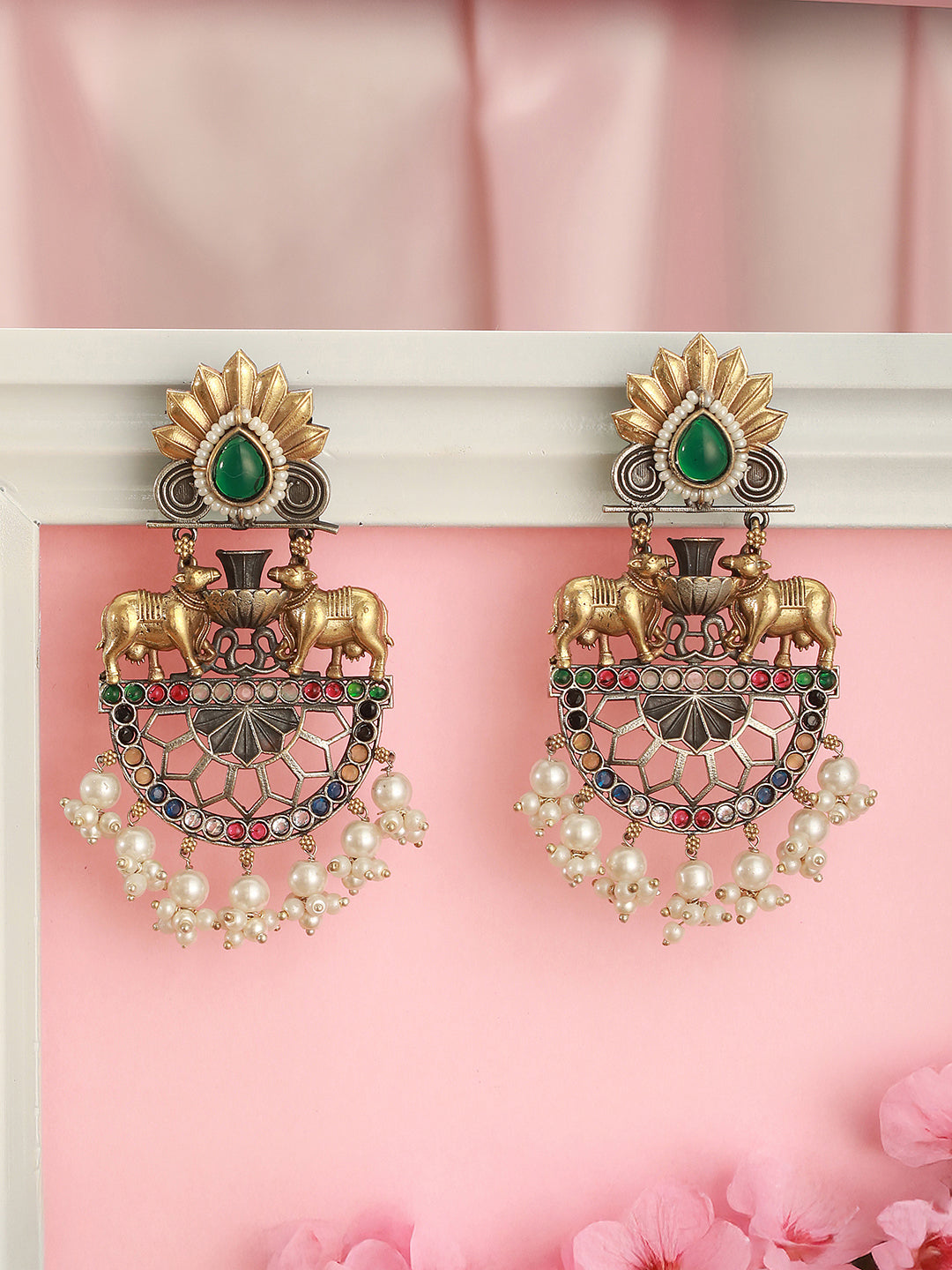 Antique Gold Oxidised Emerald Green Stone & Pearl Beaded Nandi Motif  Tribal Contemporary Chandbali Dangler Earrings