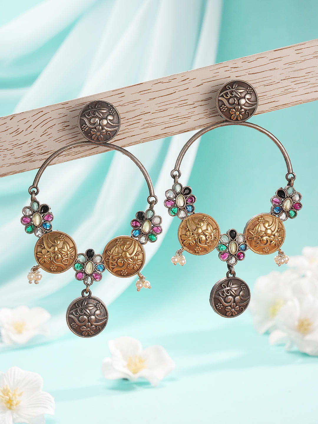 Oxidised Dual Toned Red Stone Pearl Beaded Handcrafted  Floral  Filigree large  Hoop  Chandbali Earrings