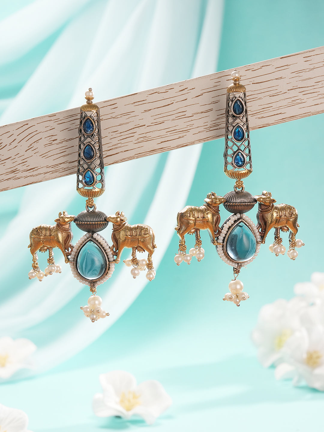 Oxidised Silver Plated Dual Plated Turquoise Blue Pearl Beaded Bull Motif  Contemporary Dangle  Earrings