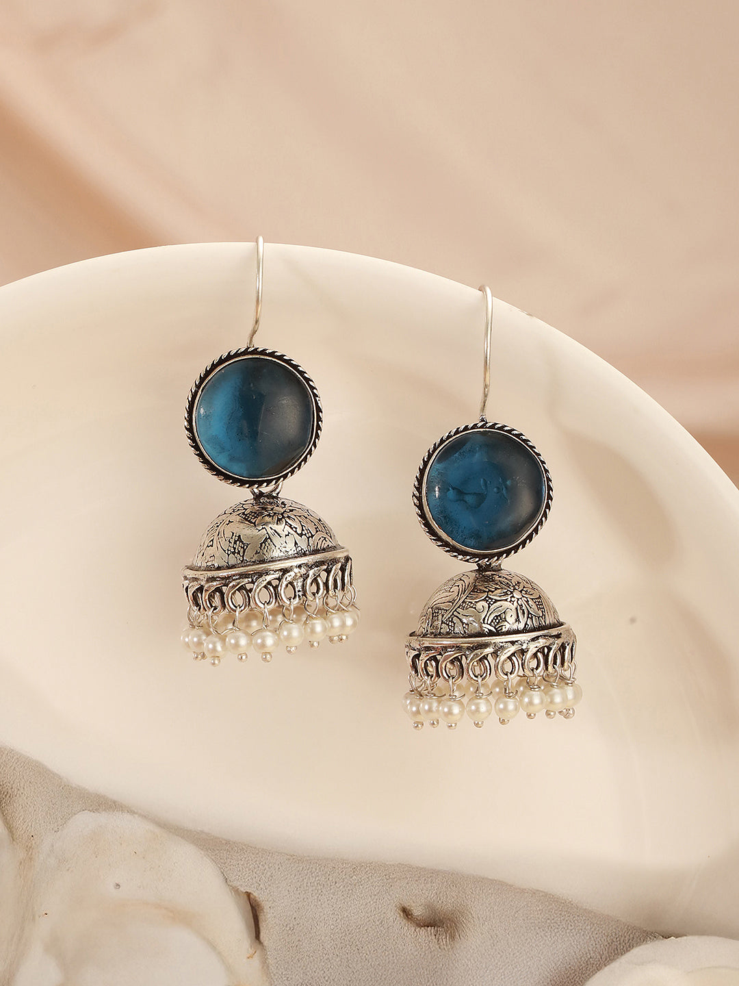 Oxidised  Silver Toned Ice Blue Stone  Fish Hook Contemporary  Jhumka Earrings