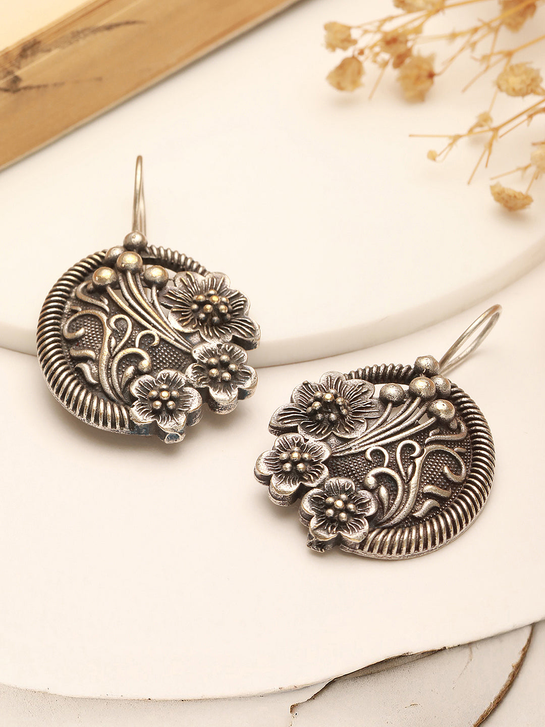 Oxidised Silver Toned Floral Design Minimal Fishhook Drop Earrings