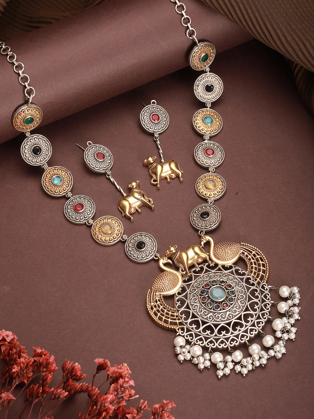 Oxidised Dual Toned Statement Peacock & Bull Motif Tribal Haram Pendant Style Jewellery Set