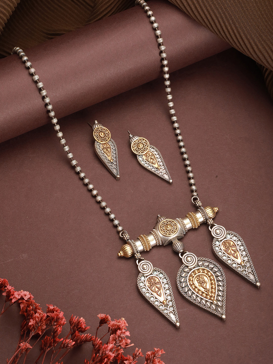 Oxidised Dual Toned Long Haram Leafy  Statement Tribal Pendant Jewellery Set