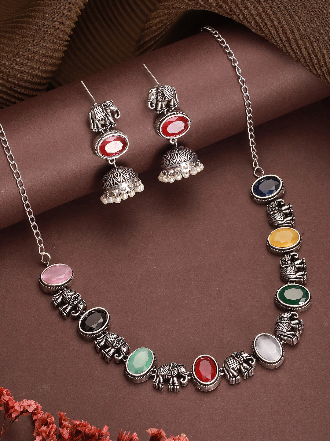 Oxidised Silver Toned Navratan Multicolored Elephant Motif Statement Choker Jewellery Set