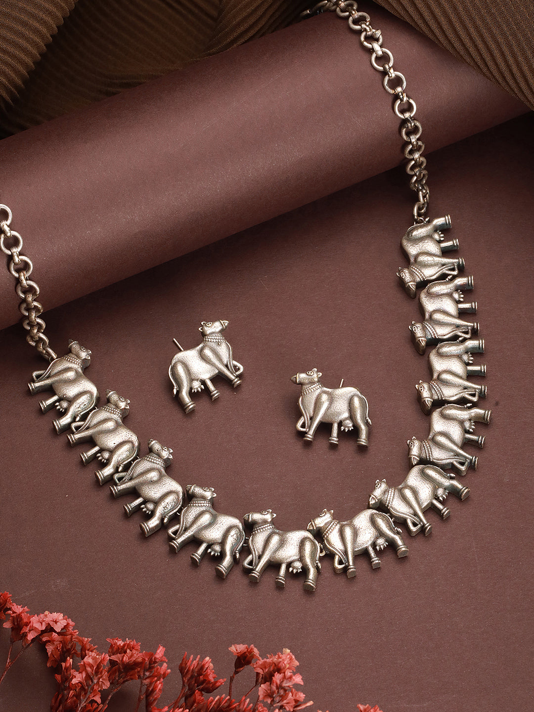 Oxidised Silver Toned Statement Tribal  Nandi Choker Jewellery Set