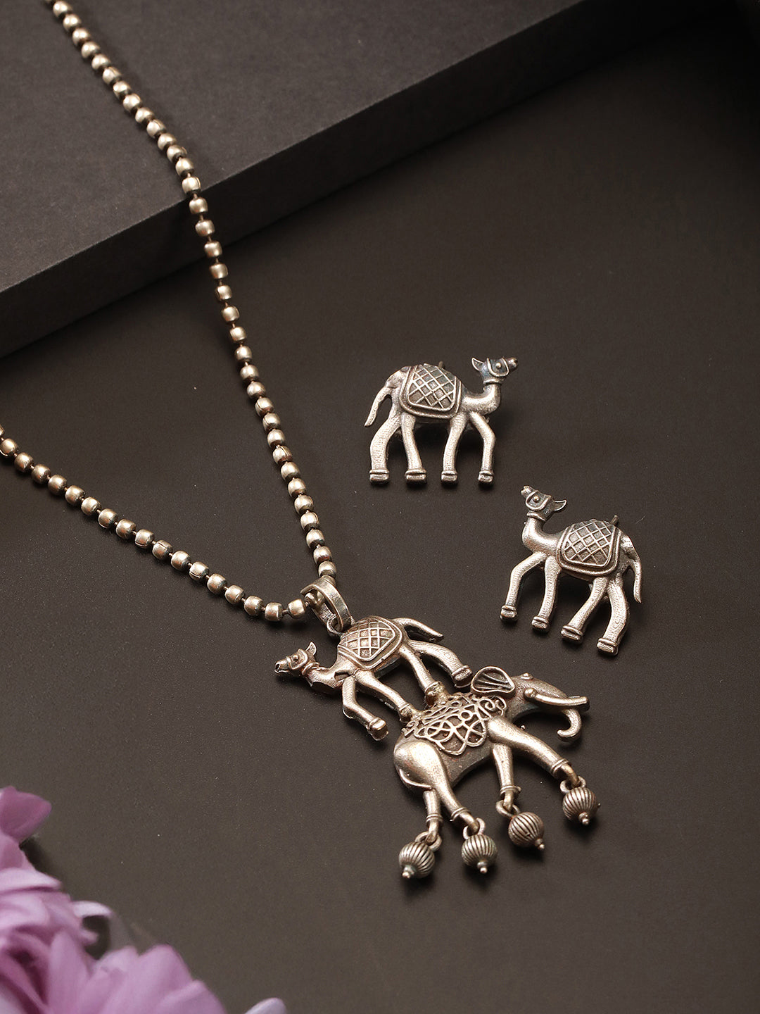 Oxidised Silver Toned Statement Tribal  Minimal Camel & elephant Motif Funky Pendant  Chain Jewellery Set