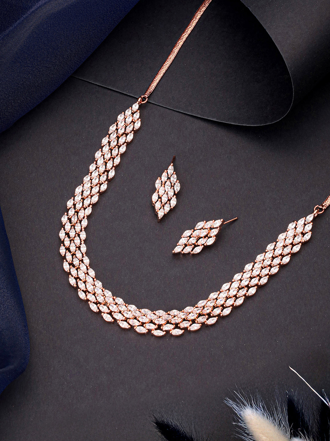 Rose Gold Toned Cubic Zircon Studded Statement Necklace jewellery Set