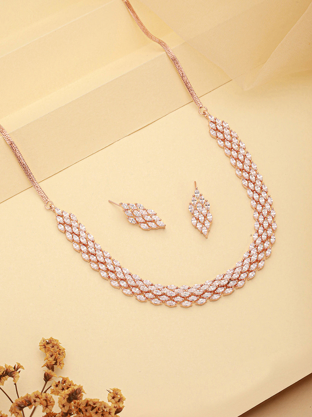 Rose Gold Toned Cubic Zircon Studded Statement Necklace jewellery Set