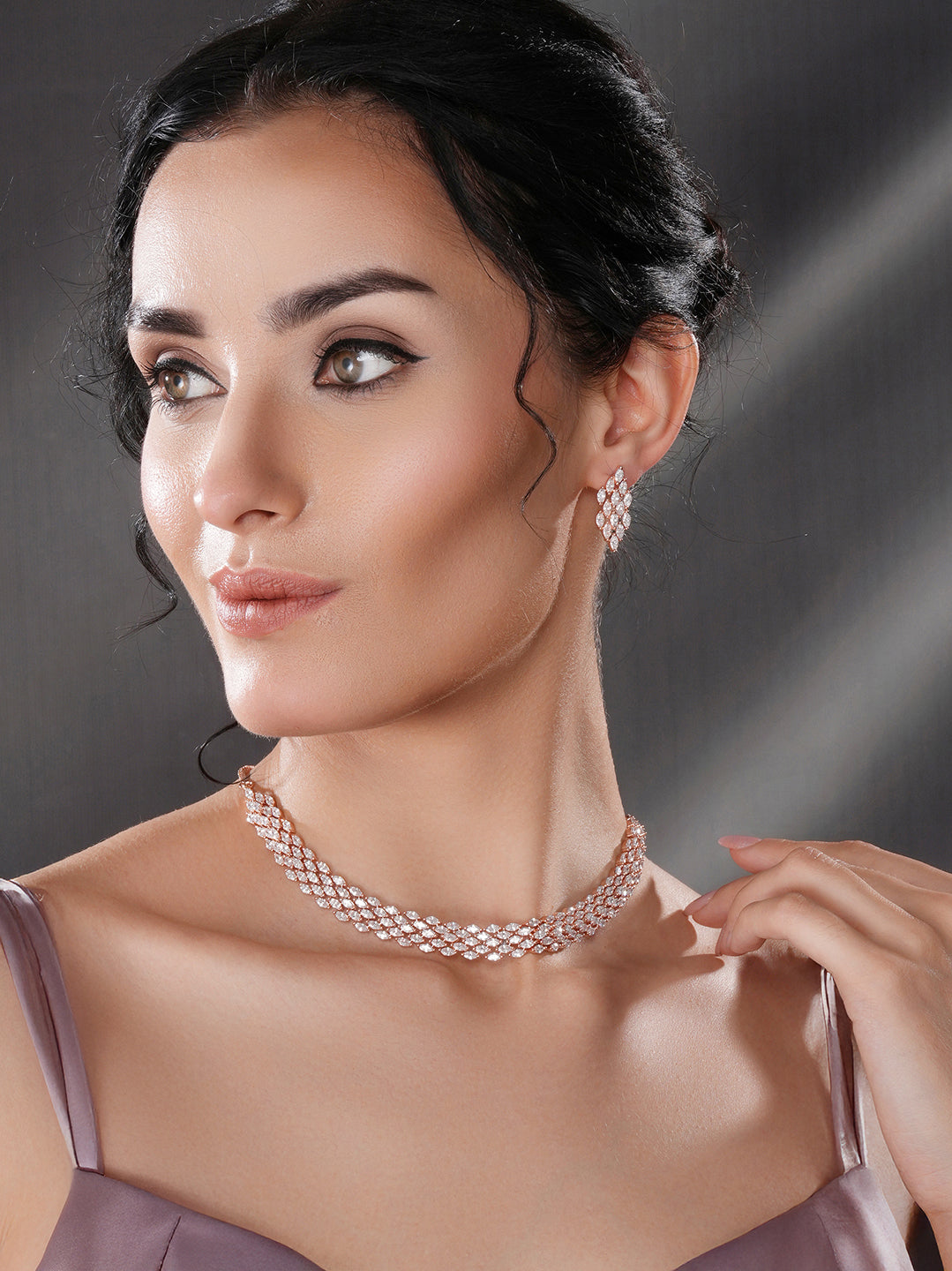 Rose Gold Toned Cubic Zircon Studded Statement Necklace jewellery Set