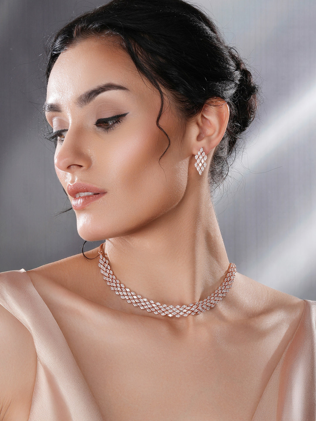 Rose Gold Toned Cubic Zircon Studded Statement Necklace jewellery Set