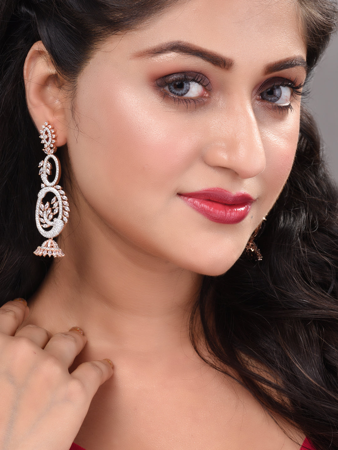 Rose Gold Plated White AD Studded Designer Dropdown Jhumki Earrings