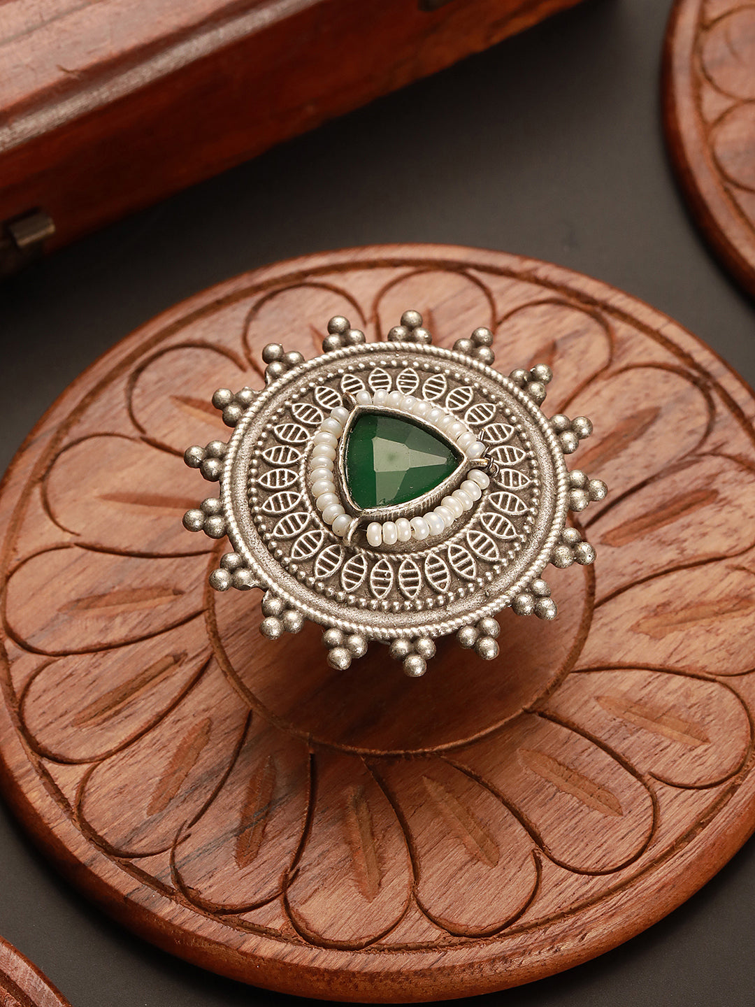 Oxidised Silver Toned Emerald Green Stone Studded Fusion Statement Tribal Adjustable Finger Ring