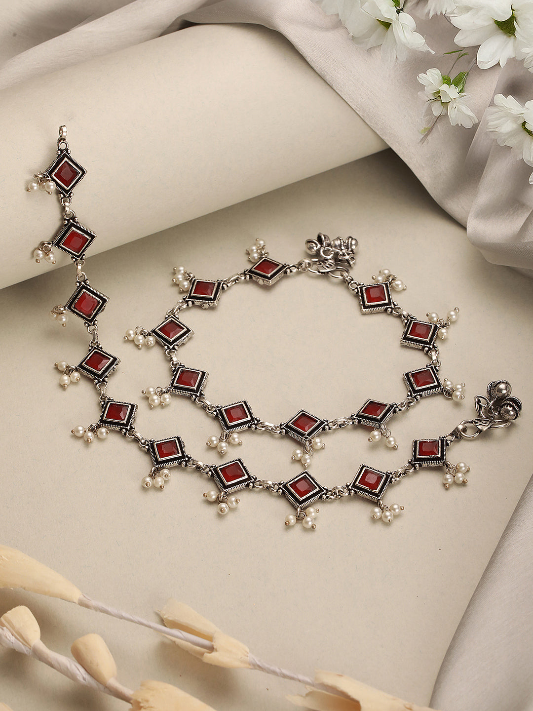 Set of 2 Silver Oxidised Ruby Red Stone Studded  Minimal Dailywear Anklet Payal