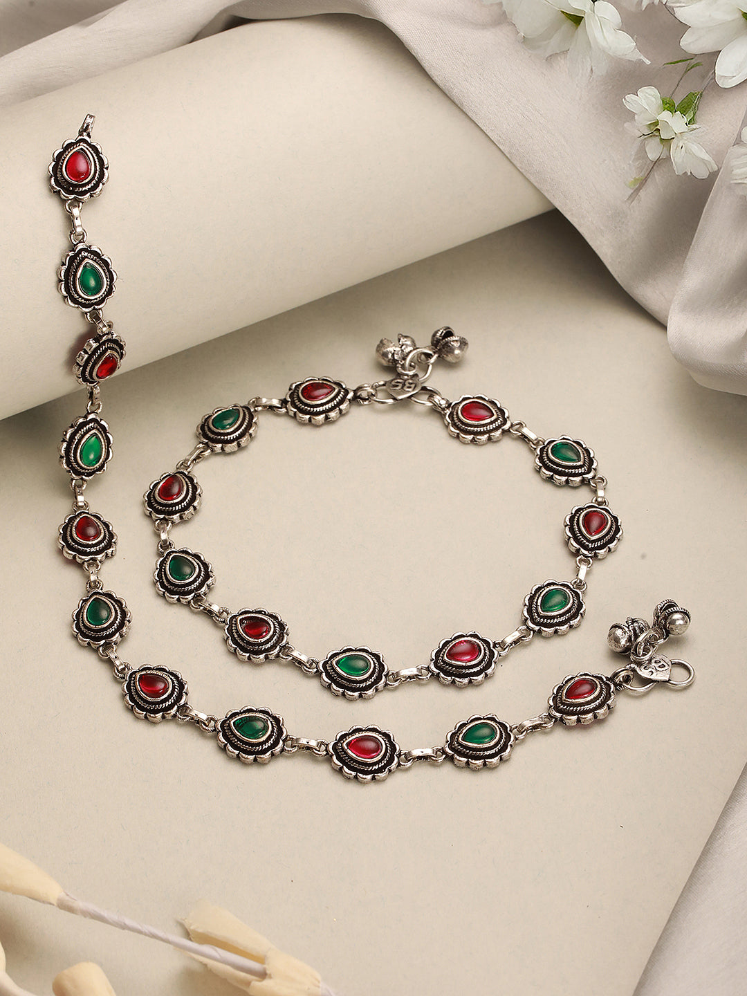Set of 2 Silver Oxidised Ruby Red & Green  Stone Studded  Minimal  Bridal Dailywear Anklet Payal