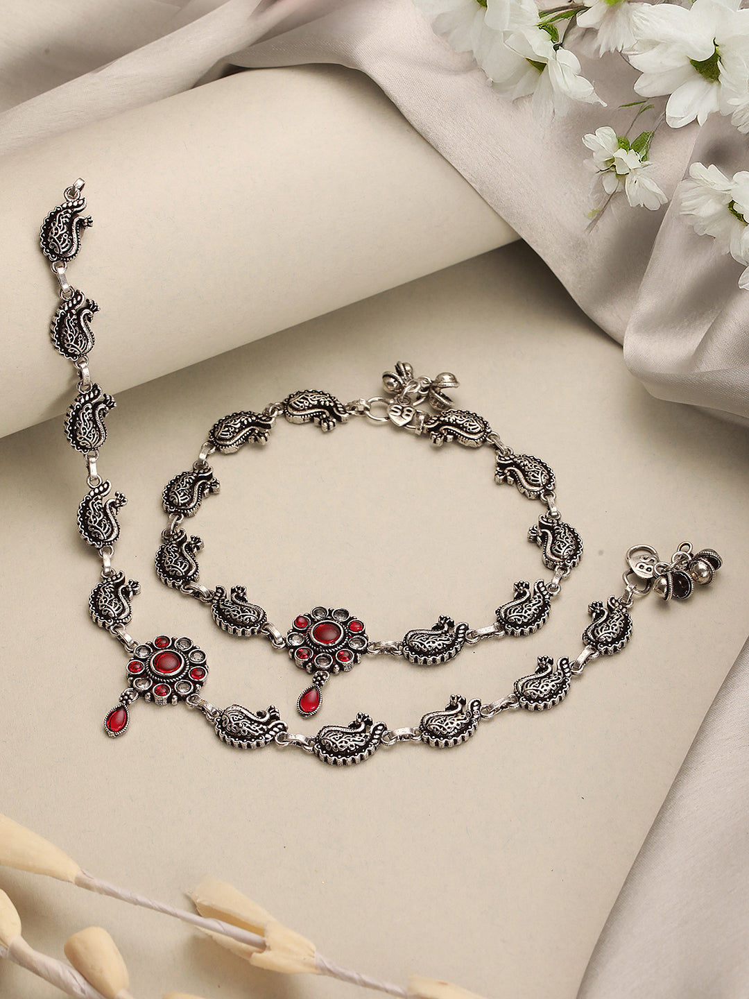 Set of 2 Silver Oxidised Ruby Red Stone  Studded Peacock & Flower Minimal Dailywear Anklet Payal