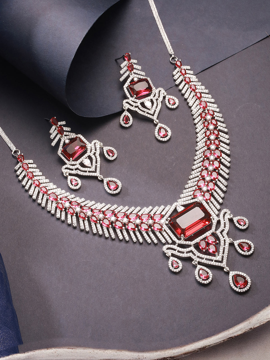Silver Plated Ruby  Red  AD Studded  Statement Royal  Necklace Jewellery Set