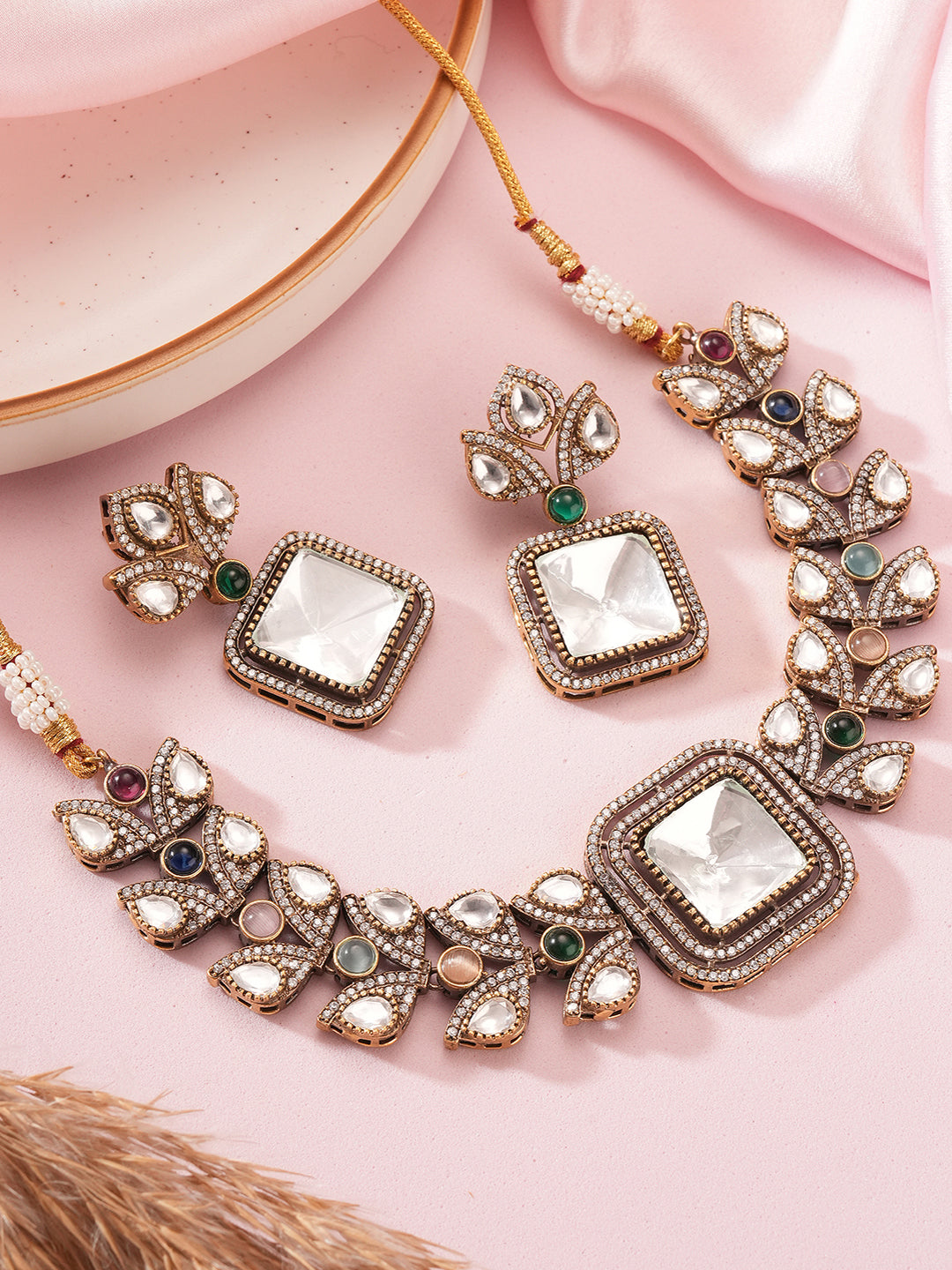 Oxidised Silver Toned Polki Kundan Studded Leafy Minimal Designer Choker Jewellery Set