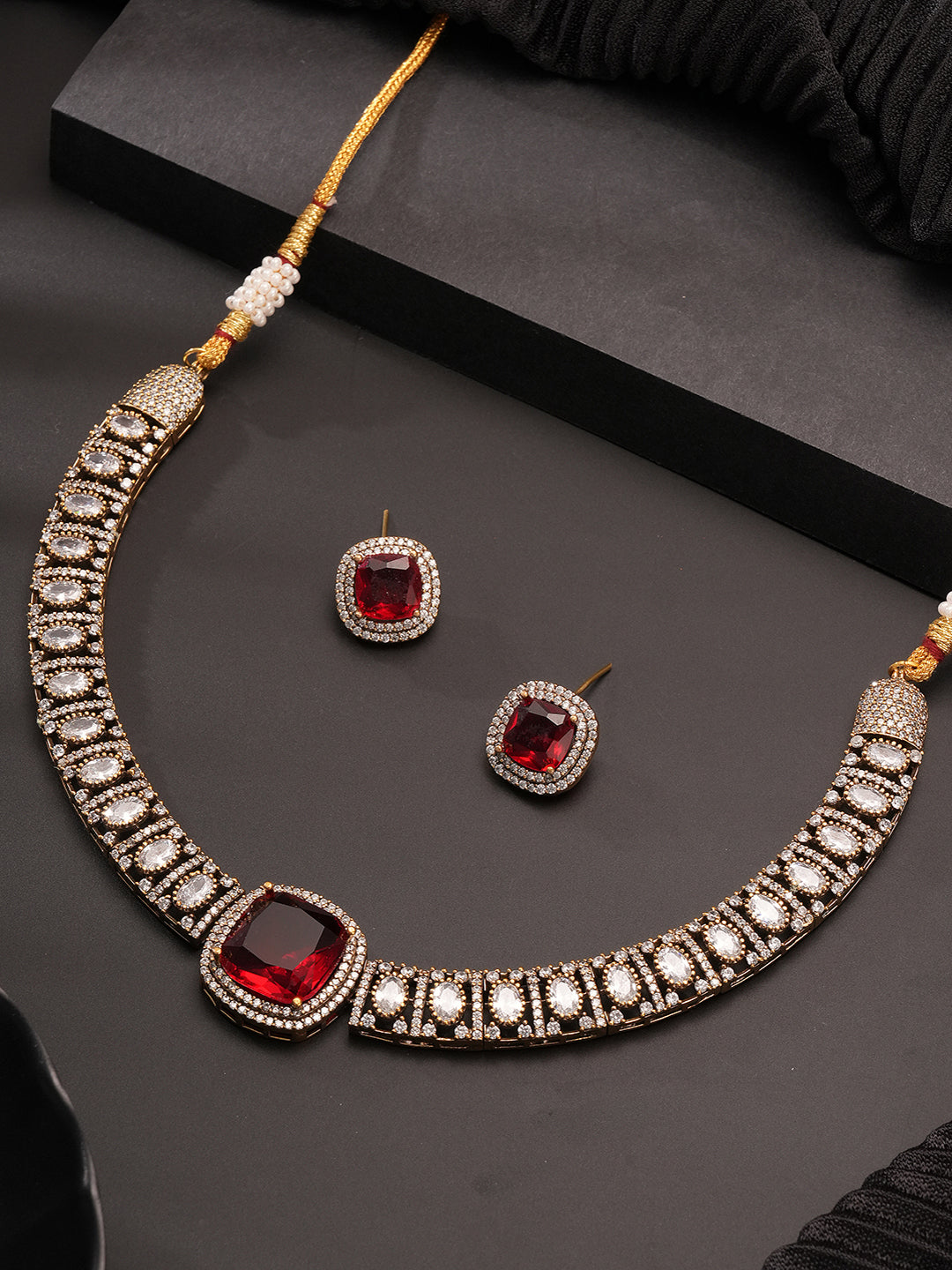 Oxidised Silver Toned Ruby Red AD Zircon Studded Minimal  Kundan Choker jewellery Set