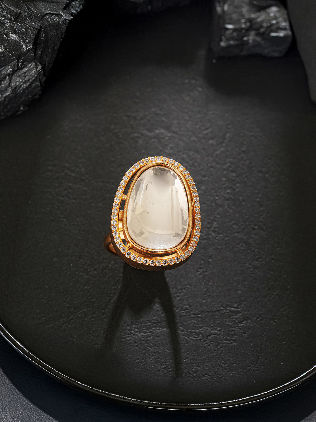 Gold Plated Kundan Mossanite Studded Minimal Bridal Handcrafted Adjustablle Finger Rings