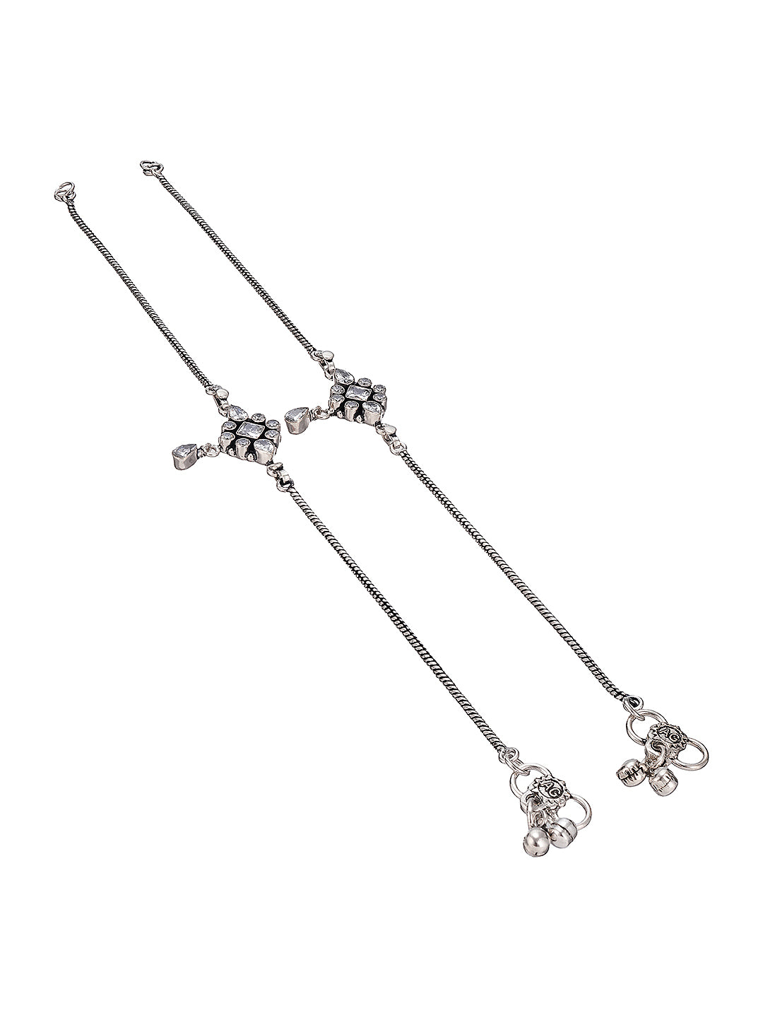 Silver Toned White Stones Geometric Charm Delicate Drop Detail Payal Anklet