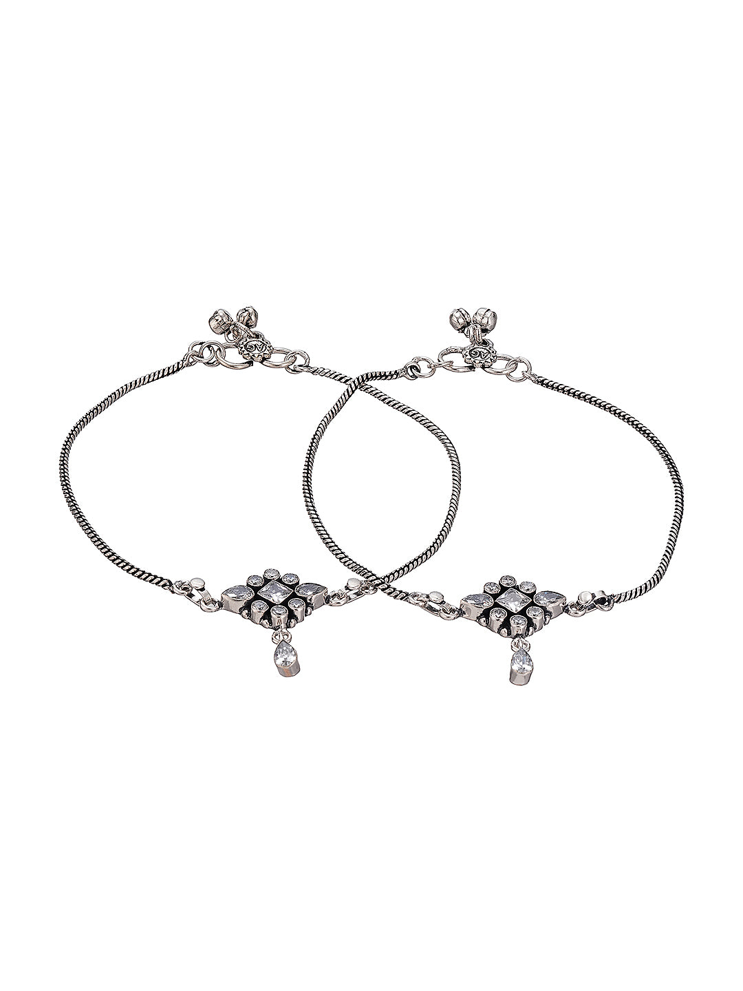 Silver Toned White Stones Geometric Charm Delicate Drop Detail Payal Anklet