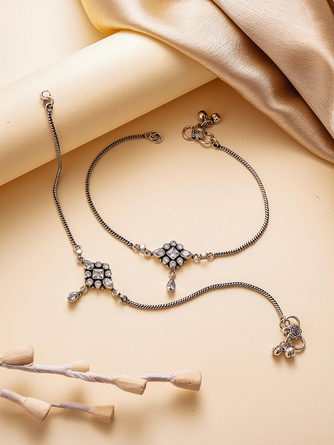 Silver Toned White Stones Geometric Charm Delicate Drop Detail Payal Anklet