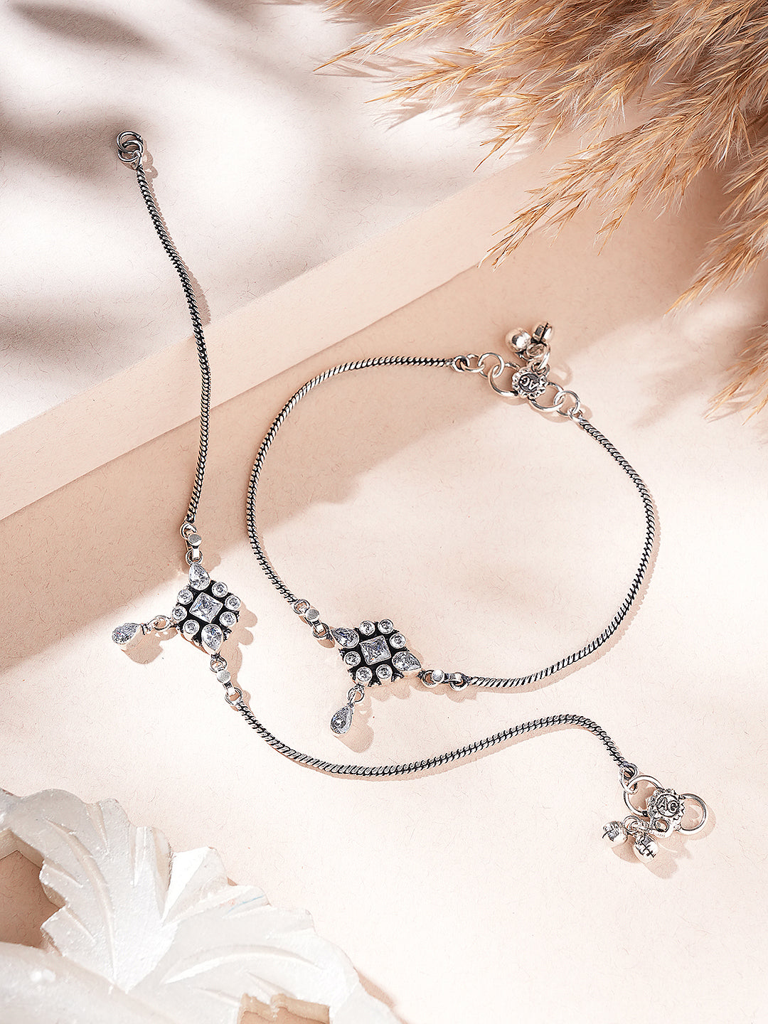 Silver Toned White Stones Geometric Charm Delicate Drop Detail Payal Anklet