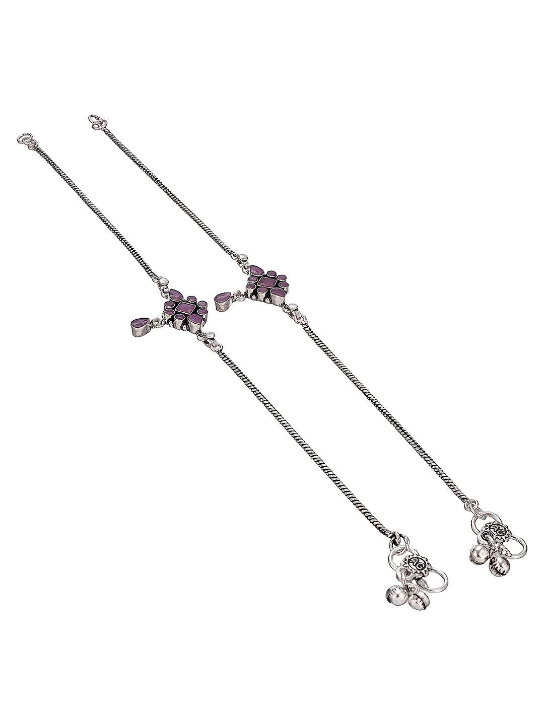 Silver Toned Pink Crystal Stones Embeded Geometric Charm Delicate Payal Anklet