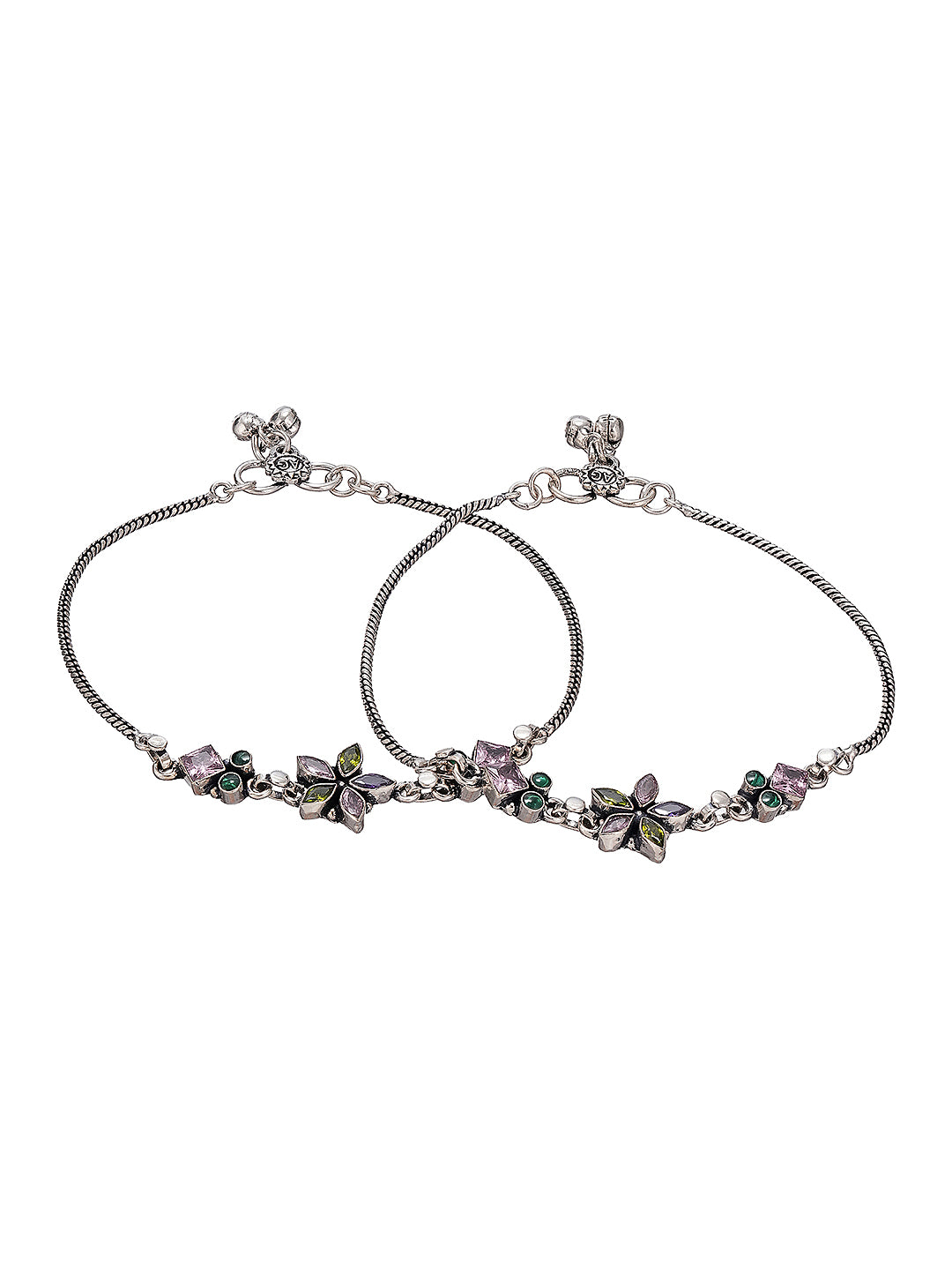 Silver Toned Green Crystal Floral Charm Elegant Payal Anklet