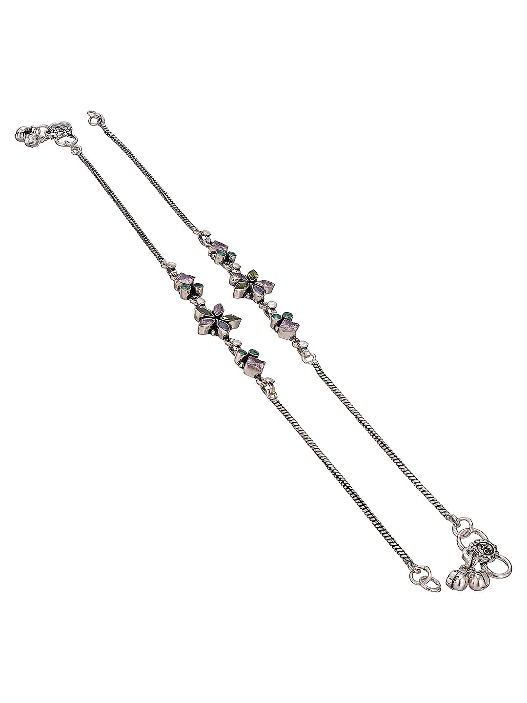 Silver Toned Green Crystal Floral Charm Elegant Payal Anklet