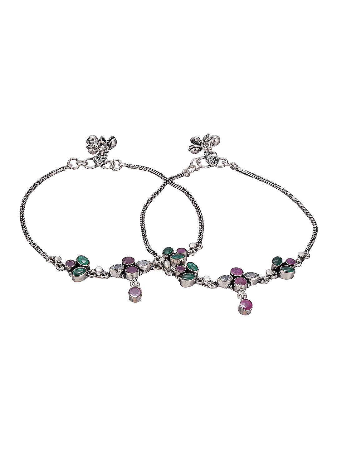 Silver Toned Green  & Pink Crystal Floral Charm Elegant Payal Anklet