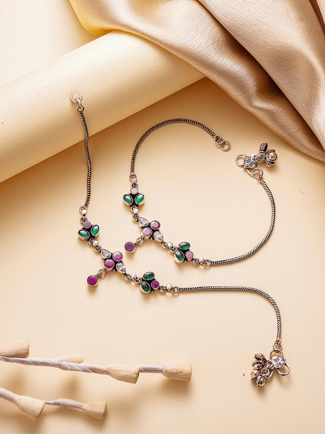 Silver Toned Green  & Pink Crystal Floral Charm Elegant Payal Anklet