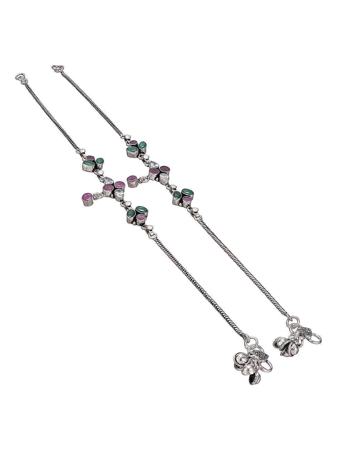 Silver Toned Green  & Pink Crystal Floral Charm Elegant Payal Anklet