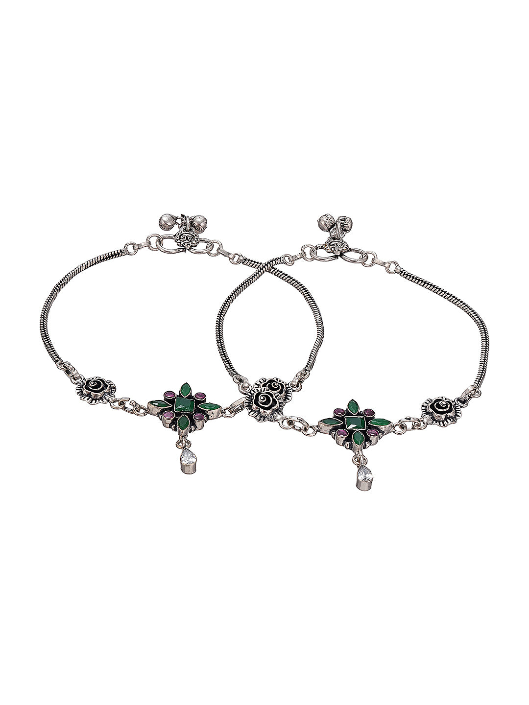 Silver Toned Green Red Rose Charm Details Trendy Payal Anklet