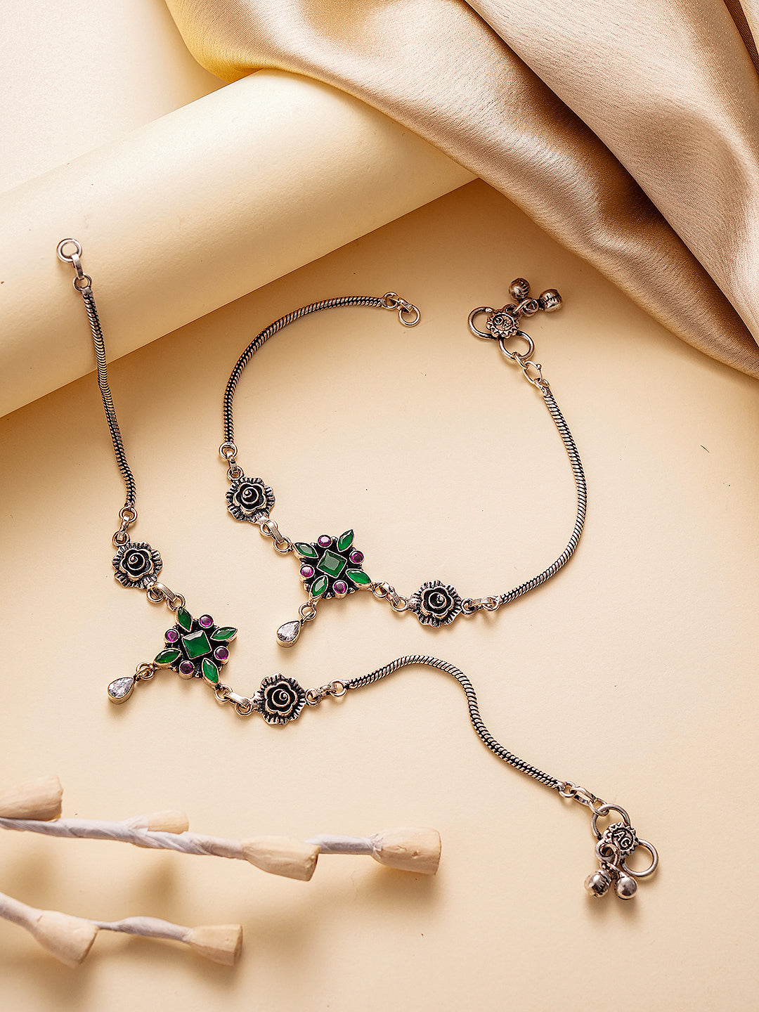 Silver Toned Green Red Rose Charm Details Trendy Payal Anklet