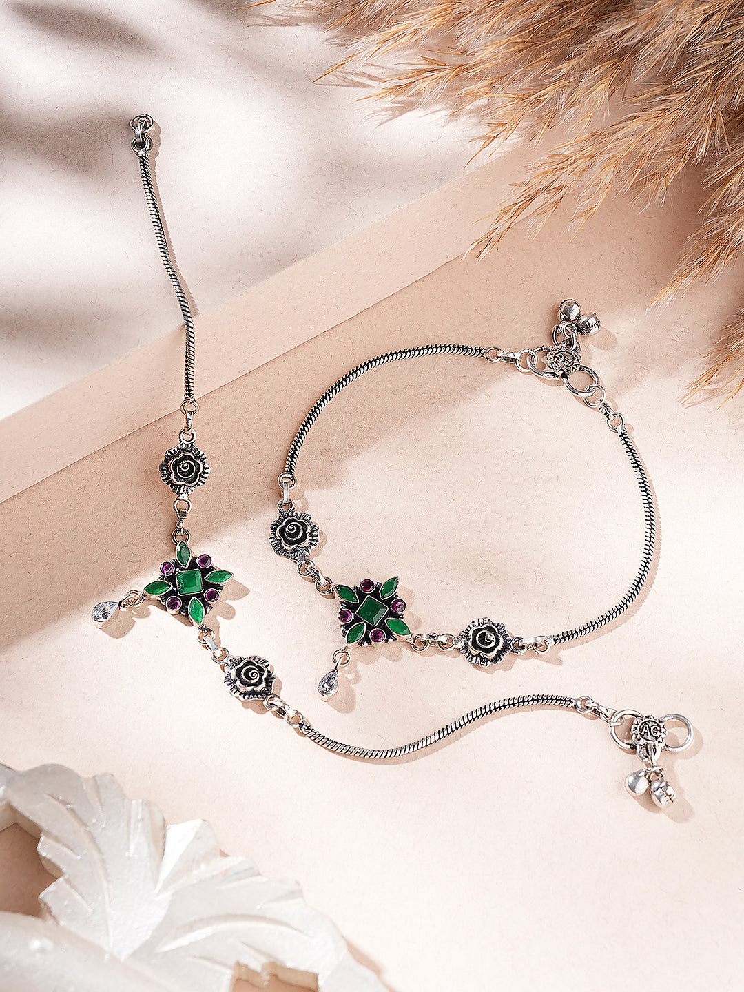 Silver Toned Green Red Rose Charm Details Trendy Payal Anklet