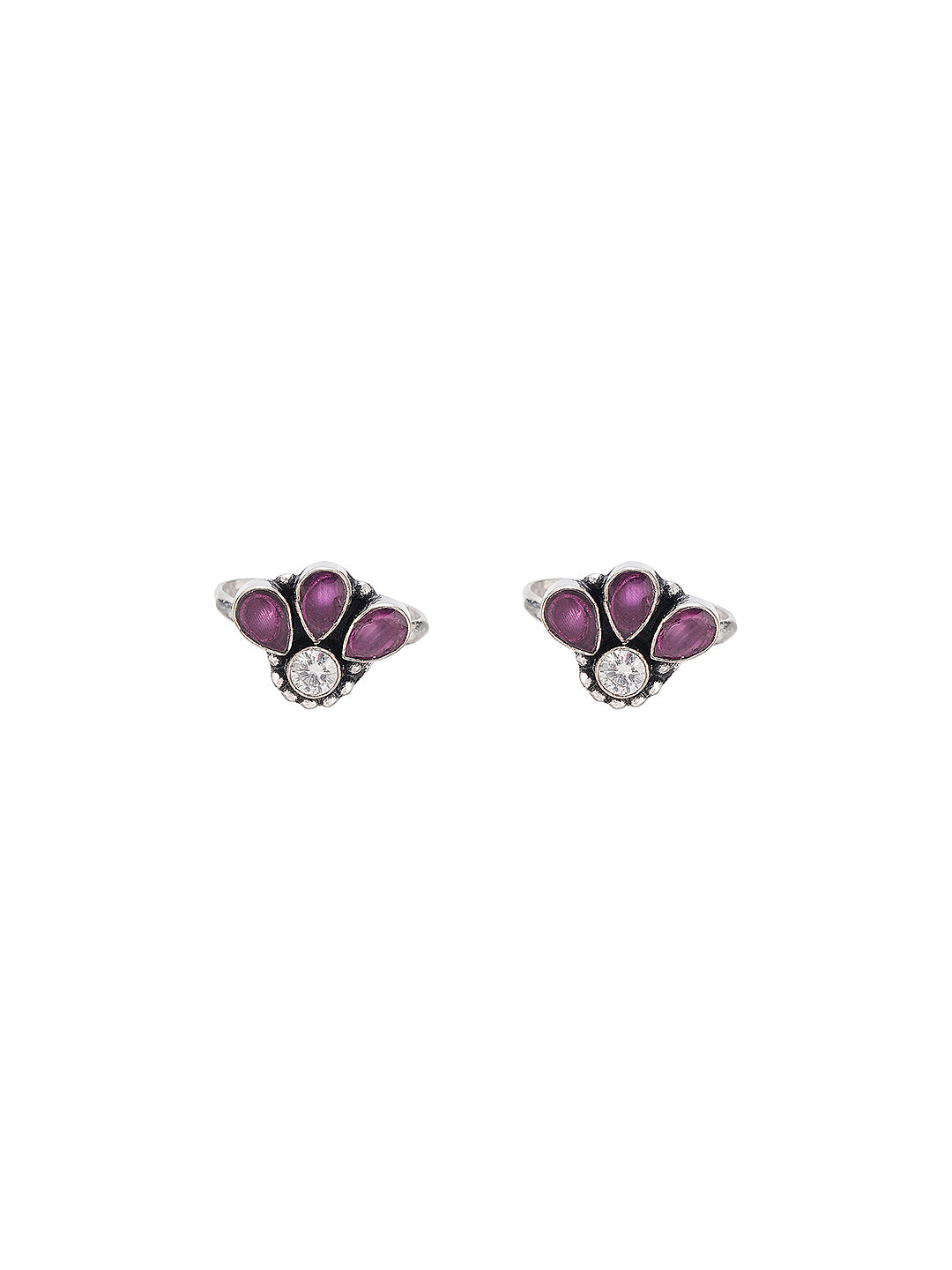 Silver Oxidised Pink Stone Classic Floral Toe Ring