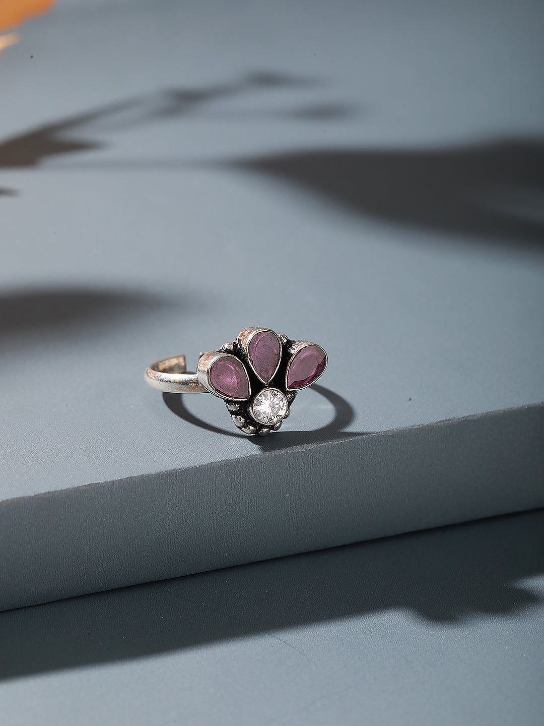 Silver Oxidised Pink Stone Classic Floral Toe Ring