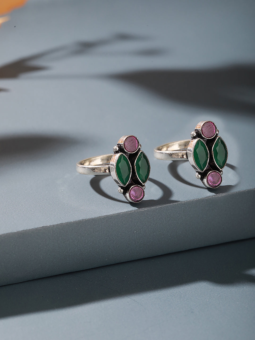 Silver Plated Oxidised Red & Green Stones Geometric Toe Ring