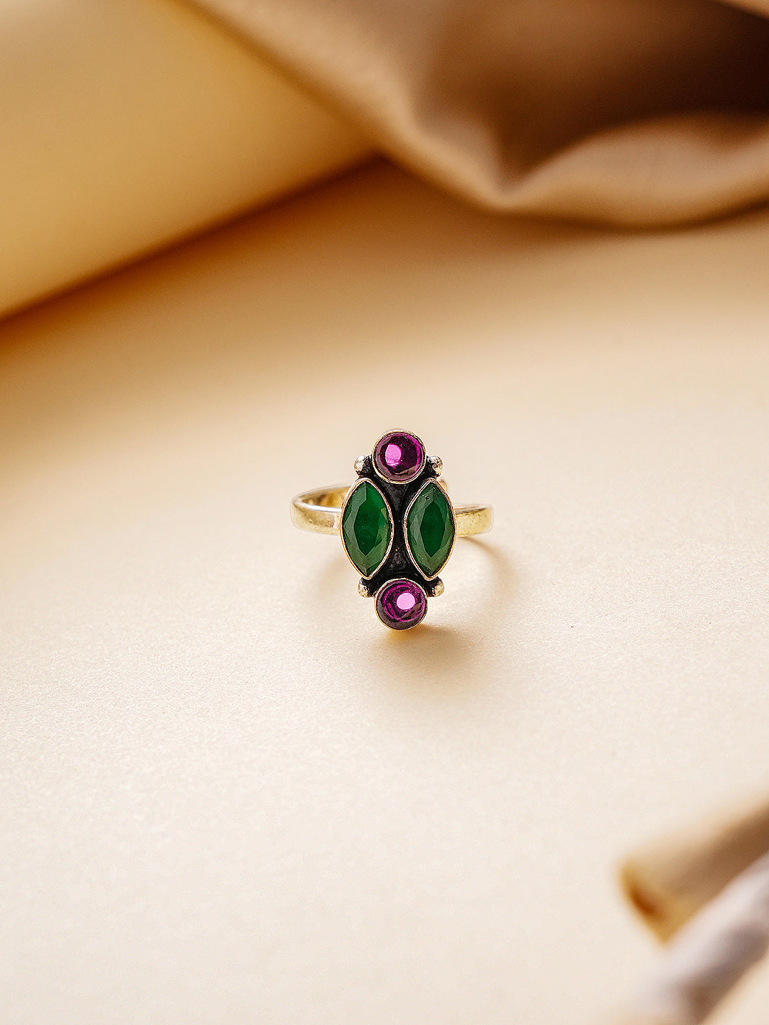 Silver Plated Oxidised Red & Green Stones Geometric Toe Ring