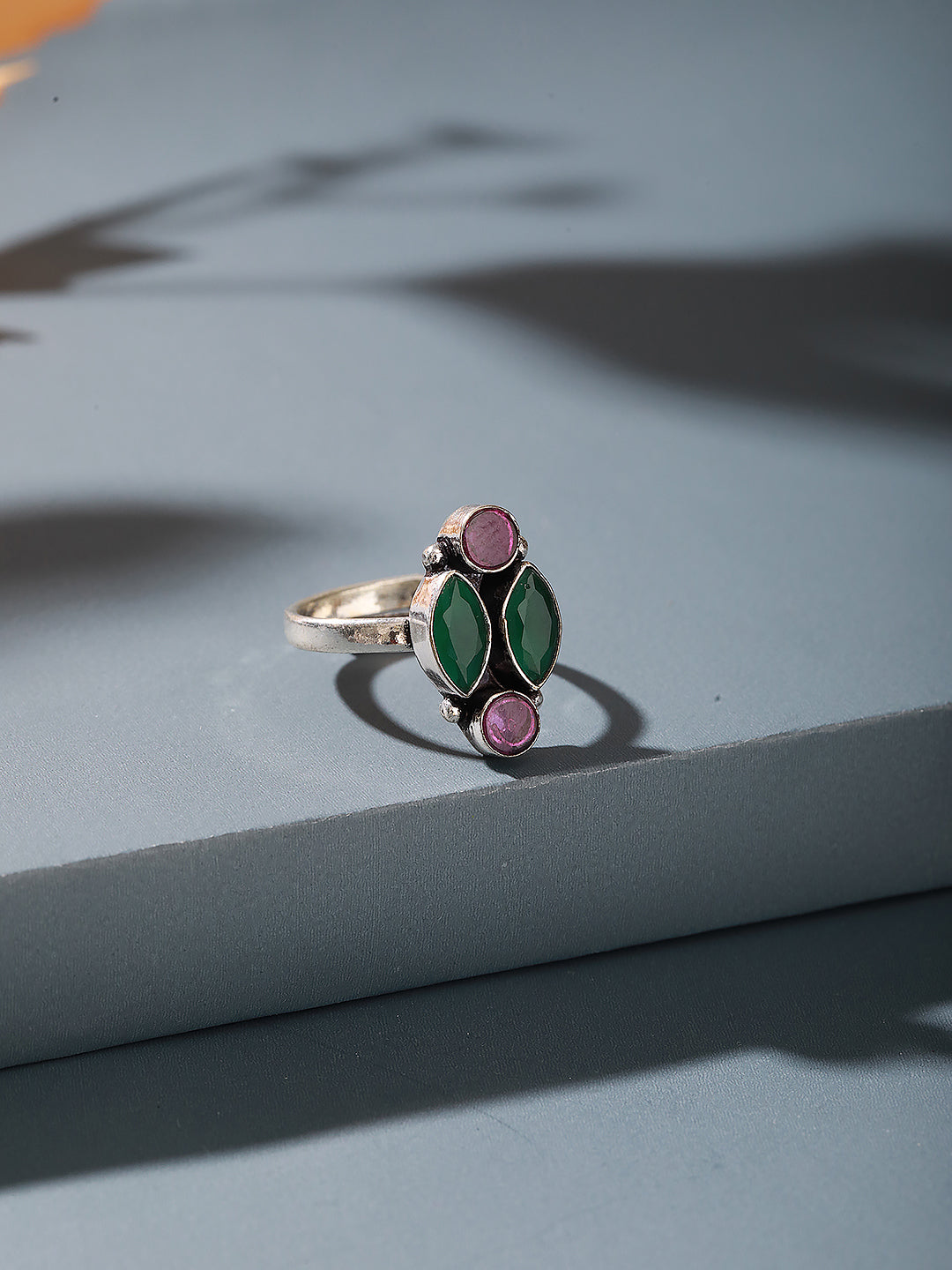 Silver Plated Oxidised Red & Green Stones Geometric Toe Ring