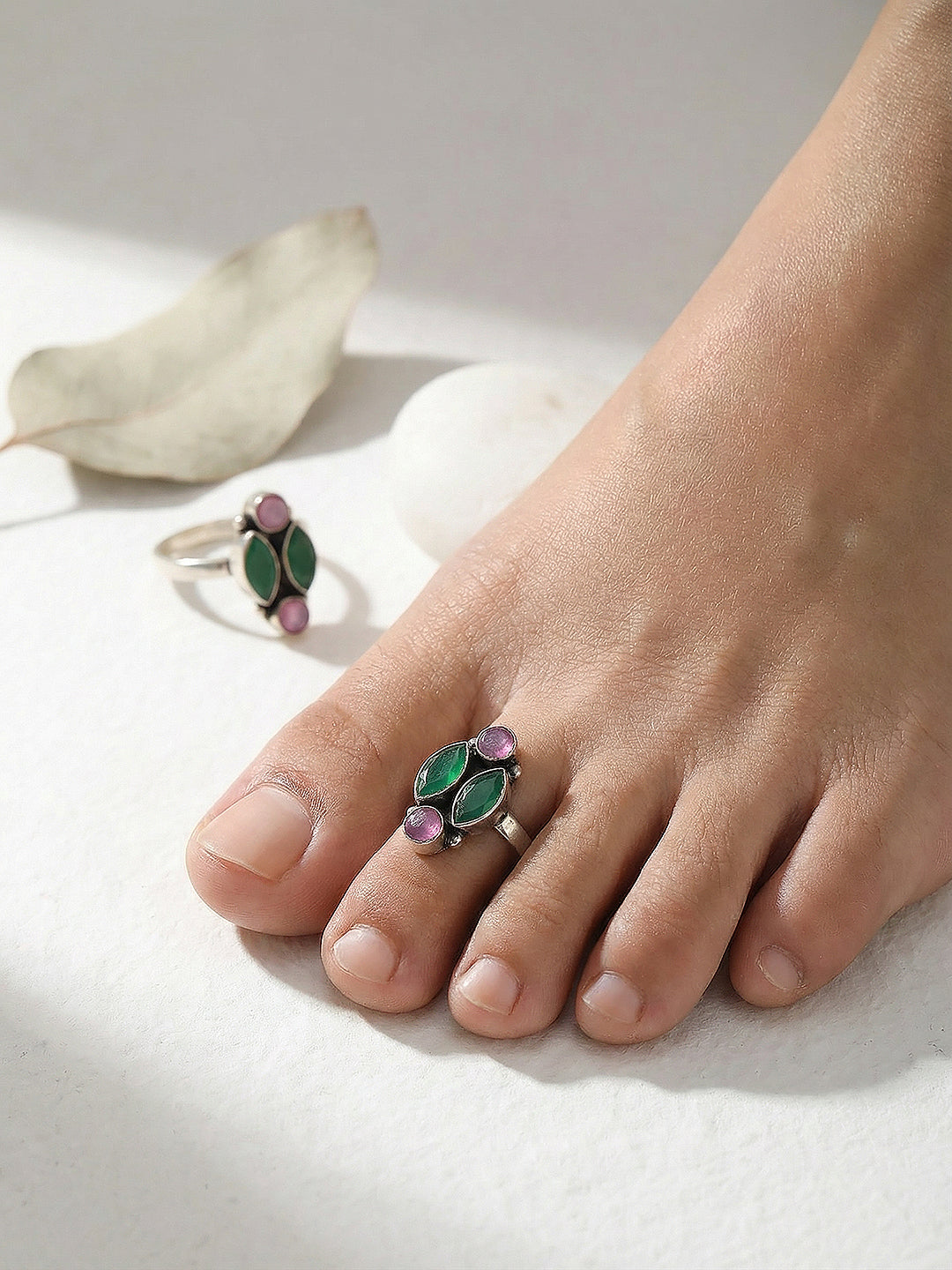 Silver Plated Oxidised Red & Green Stones Geometric Toe Ring