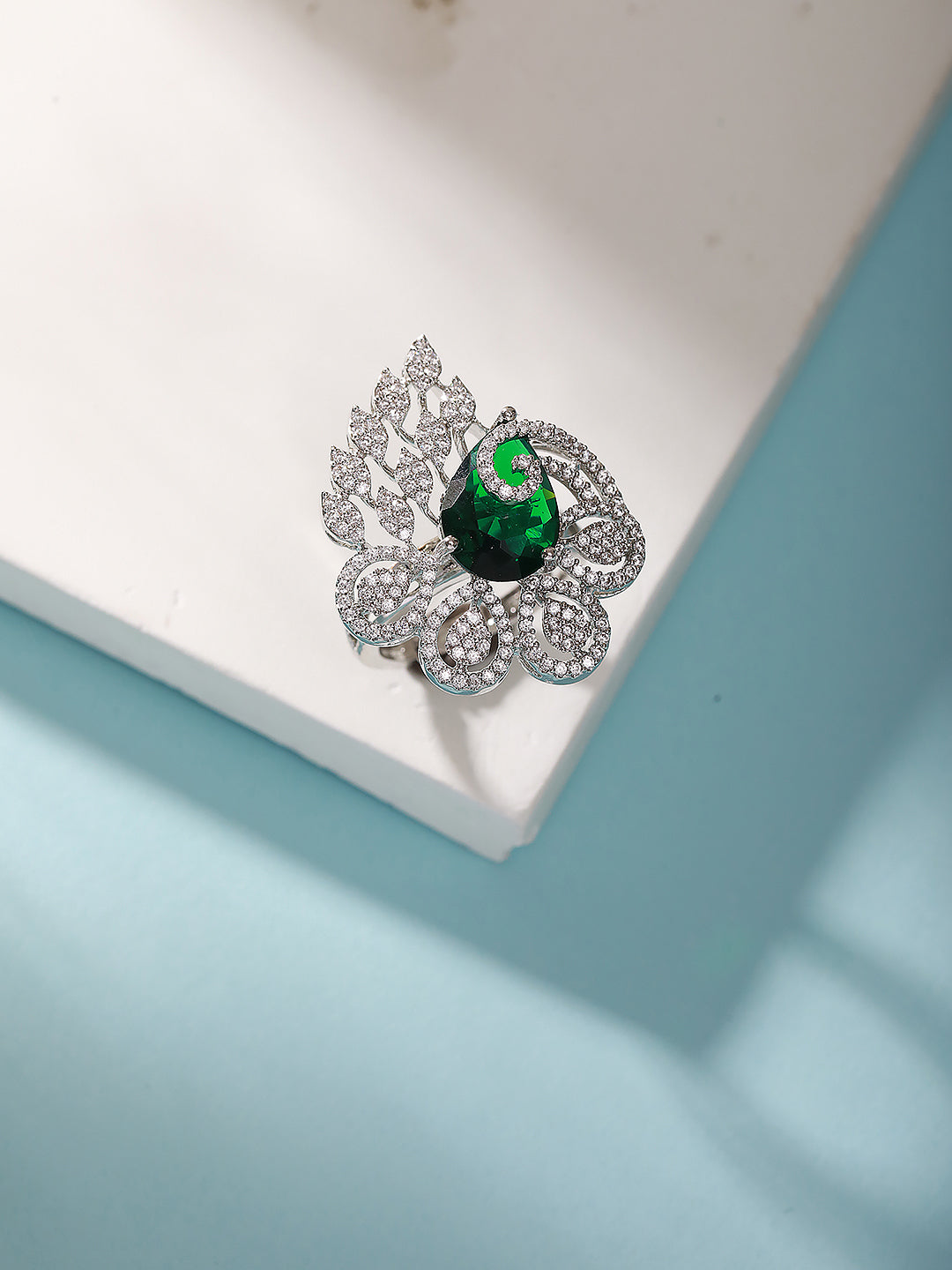 Silver Plated Green Emerald Green AD Zircon Studded Designer Statement Adjustable Finger Ring