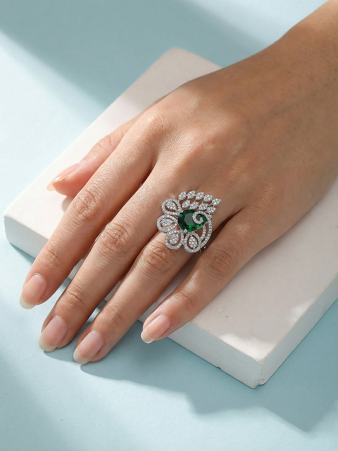 Silver Plated Green Emerald Green AD Zircon Studded Designer Statement Adjustable Finger Ring