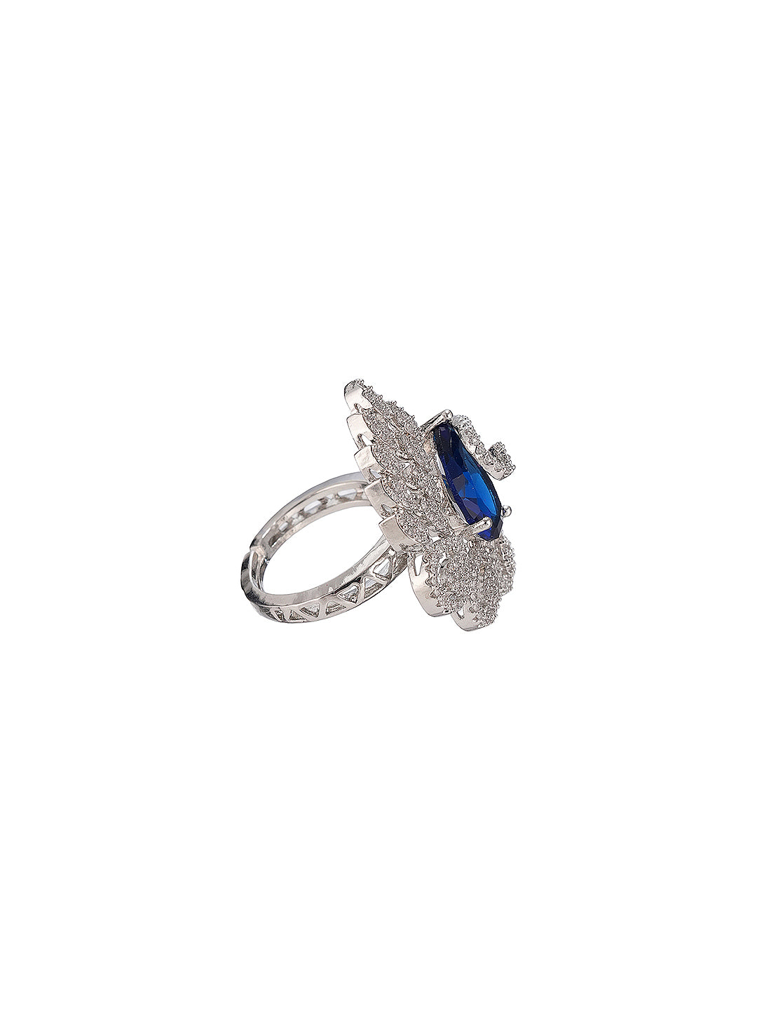Silver Plated Sapphire Blue AD Zircon Studded Designer Statement Adjustable Finger Ring